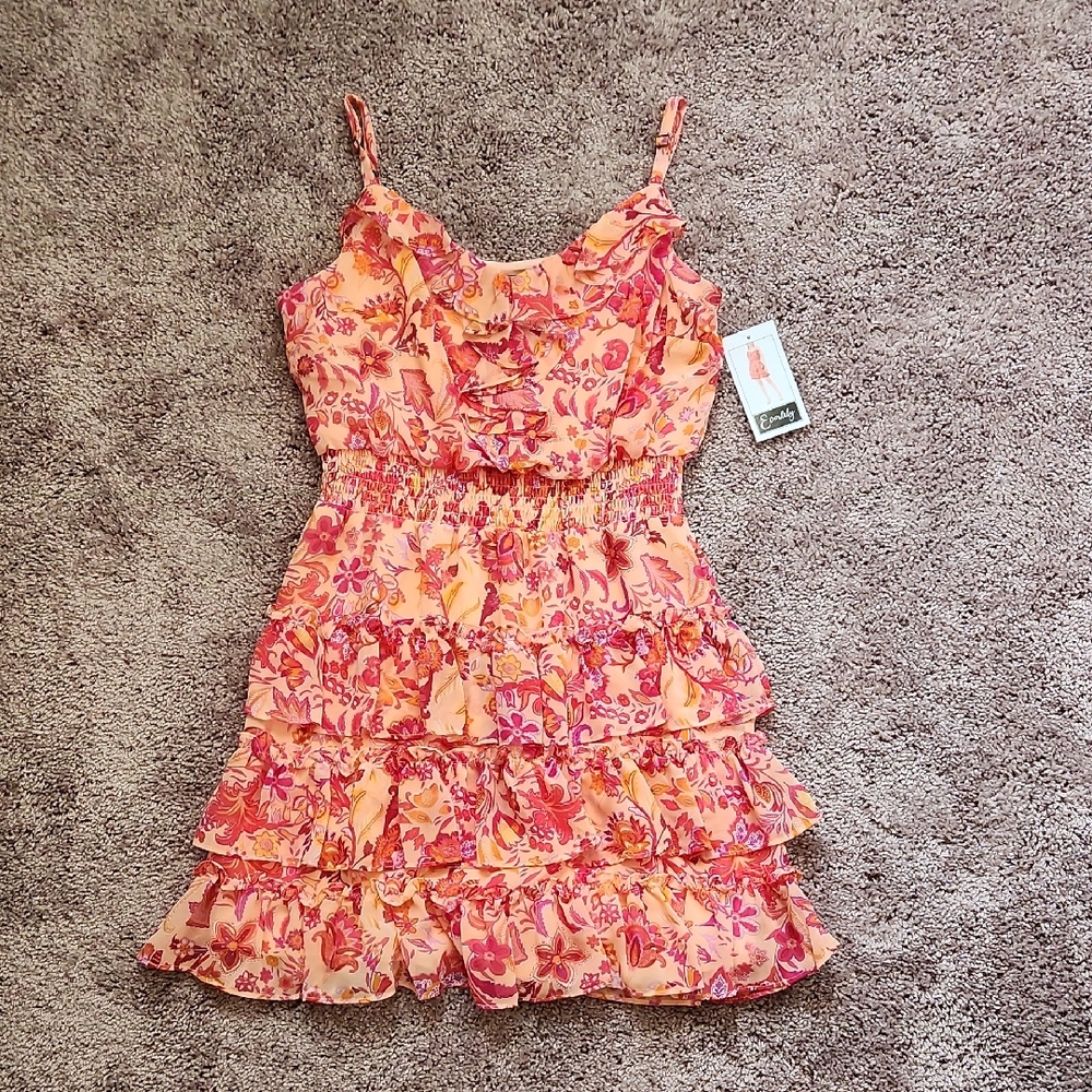 Pink Orange Ruffled Floral Tiered Dress Med NWT Everlily